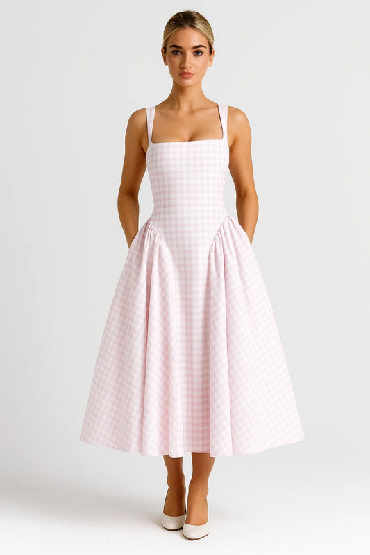 Abito midi con scollo dritto e fantasia vichy | Design svasato