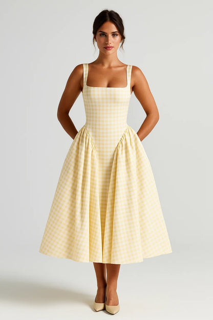 Abito midi con scollo dritto e fantasia vichy | Design svasato