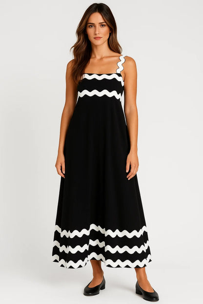 Abito midi con spalline ondulate e dettagli a contrasto