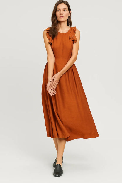 Abito midi con volant sulle spalle | Taglio svasato | Schiena scoperta