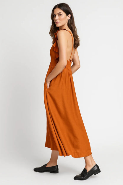 Abito midi con volant sulle spalle | Taglio svasato | Schiena scoperta