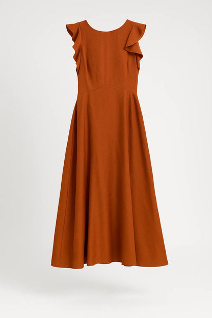 Abito midi con volant sulle spalle | Taglio svasato | Schiena scoperta