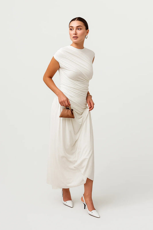 Abito midi drappeggiato | Eleganza minimal | Bianco avorio