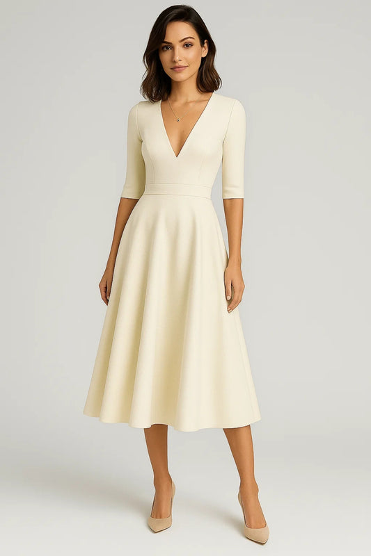 Abito midi elegante con scollo a V | Maniche a mezza lunghezza