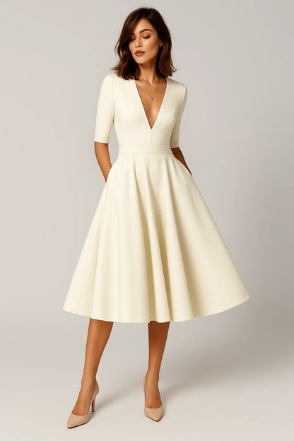Abito midi elegante con scollo a V | Maniche a mezza lunghezza