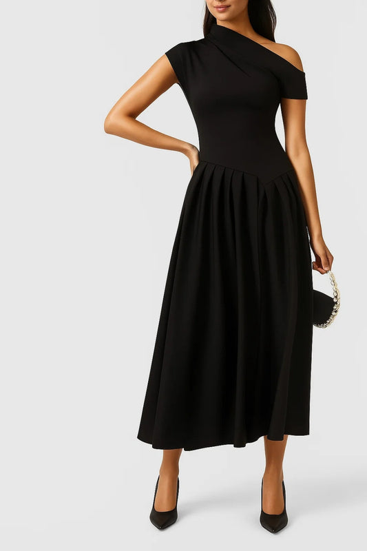 Abito midi elegante monospalla | Gonna a pieghe | Perfetto per eventi speciali