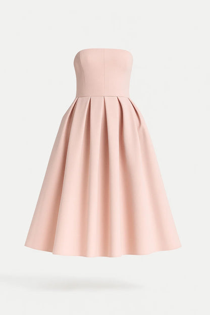Abito midi elegante senza spalline con gonna a pieghe