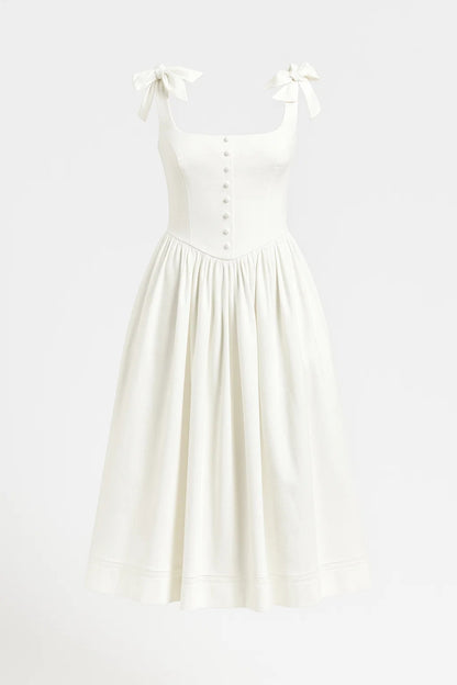 Abito midi con fiocchi sulle spalle | Corpetto aderente | Gonna ampia e romantica