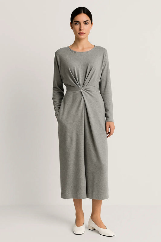 Abito midi in jersey con nodo frontale | Maniche lunghe | Eleganza minimal