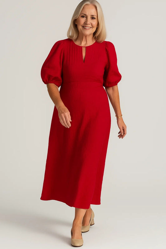 Abito midi in lino con maniche a sbuffo | Elegante e traspirante