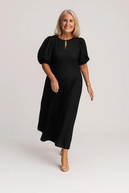 Abito midi in lino con maniche a sbuffo | Elegante e traspirante