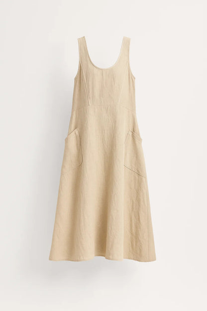 Abito midi in lino naturale | Senza maniche | Tasche applicate