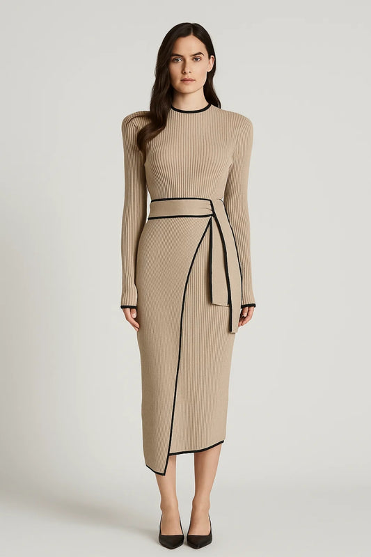 Abito midi in maglia beige con profili a contrasto | Elegante e avvolgente