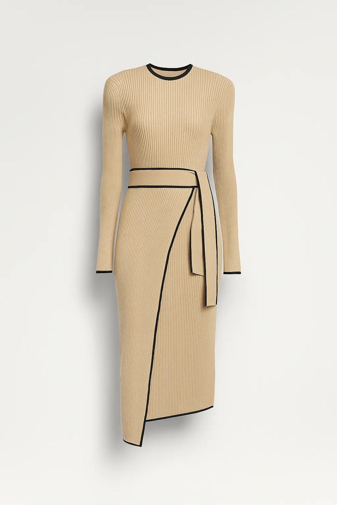 Abito midi in maglia beige con profili a contrasto | Elegante e avvolgente
