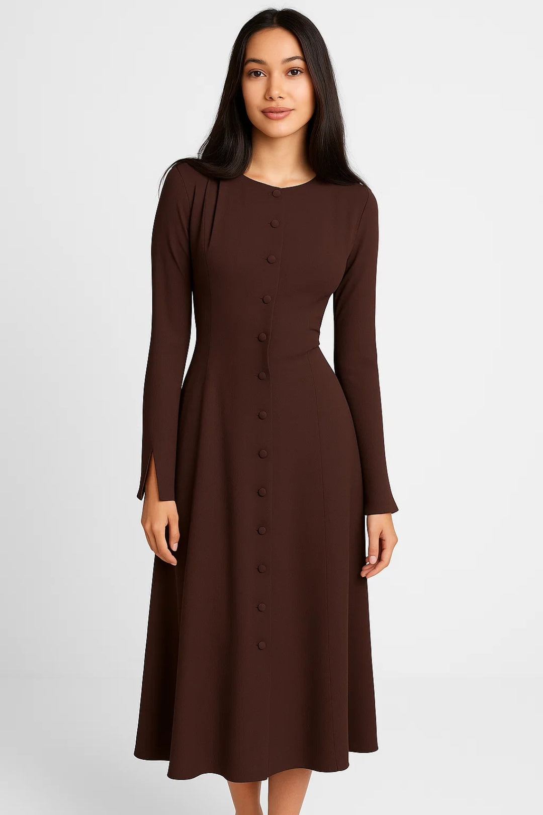 Abito midi marrone con maniche lunghe | Bottoni rivestiti | Eleganza minimal