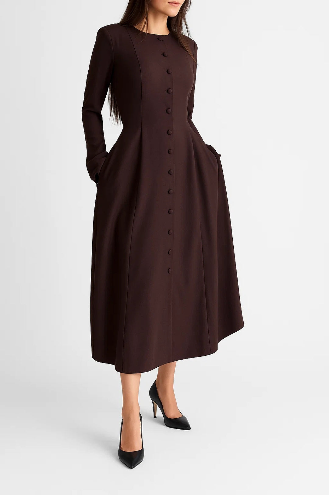 Abito midi marrone con maniche lunghe | Bottoni rivestiti | Eleganza minimal