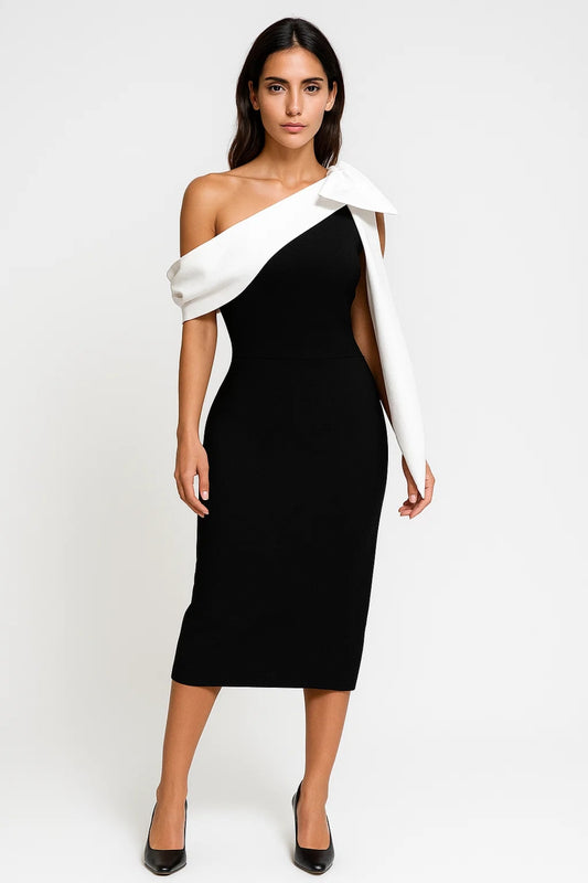 Abito midi monospalla con drappeggio bianco | Eleganza in bianco e nero