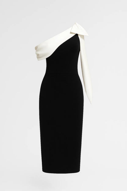 Abito midi monospalla con drappeggio bianco | Eleganza in bianco e nero