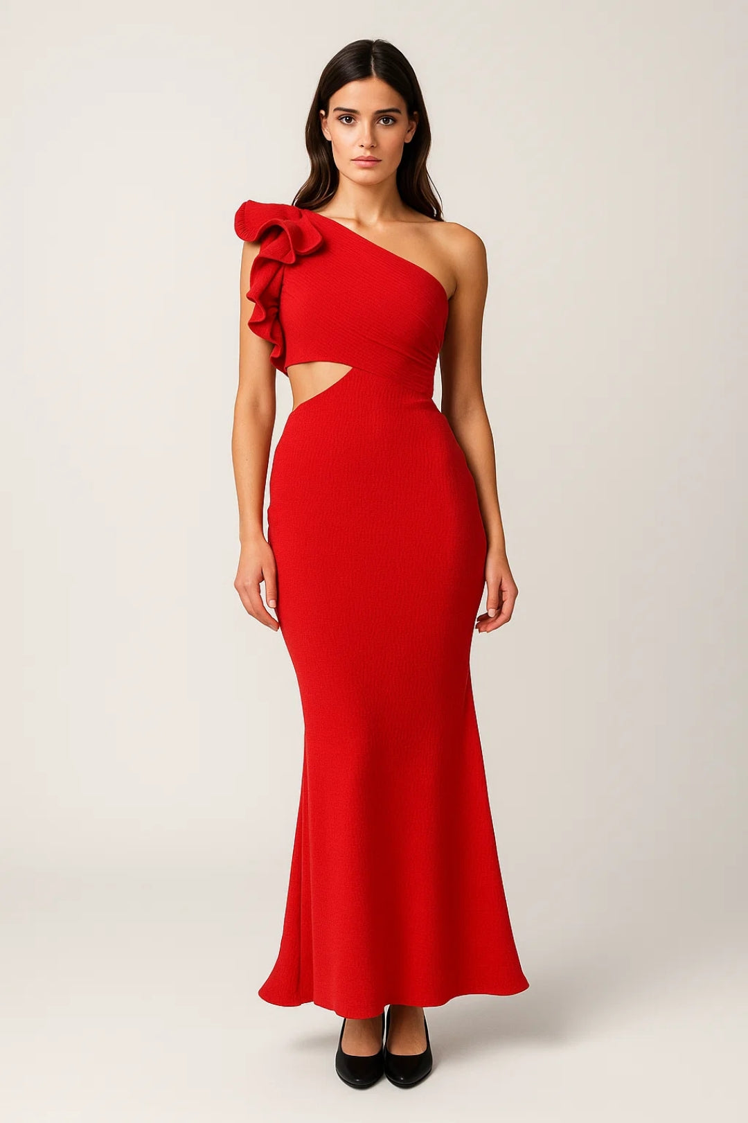 Abito midi monospalla con volant | Taglio cut-out | Elegante e femminile