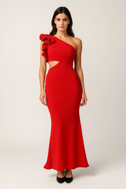 Abito midi monospalla con volant | Taglio cut-out | Elegante e femminile