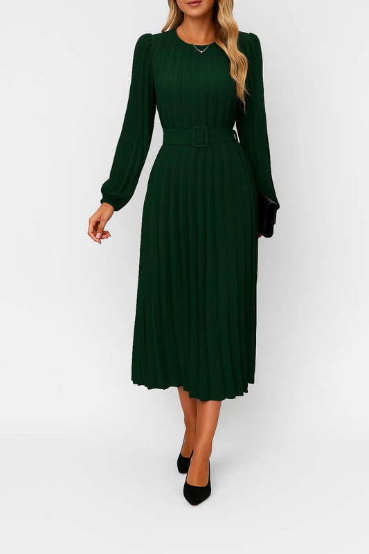 Abito midi plissettato con cintura | Maniche lunghe a sbuffo | Elegante e femminile