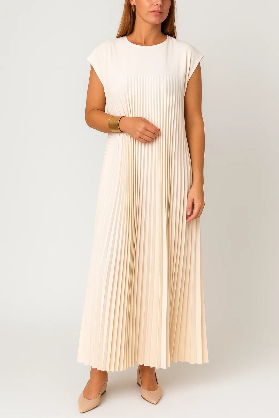 Abito midi plissettato senza maniche | Linea svasata ed elegante