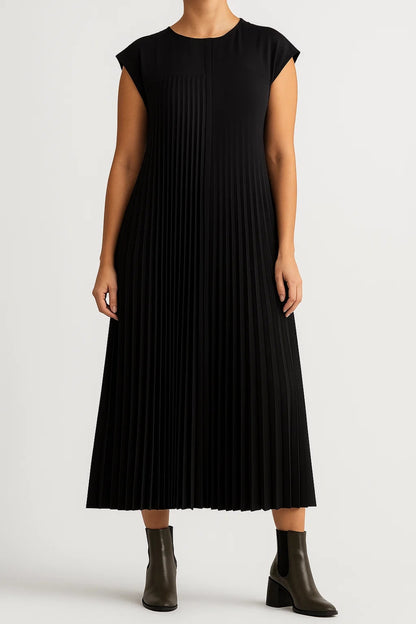 Abito midi plissettato senza maniche | Linea svasata ed elegante