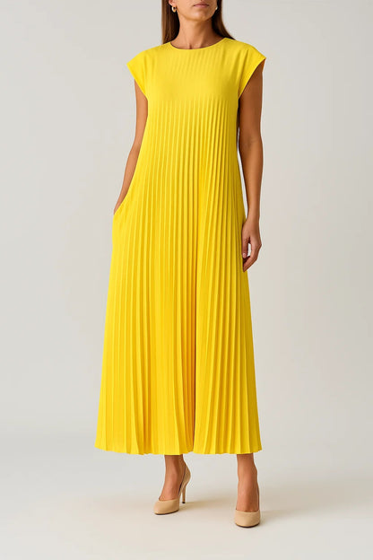 Abito midi plissettato senza maniche | Linea svasata ed elegante