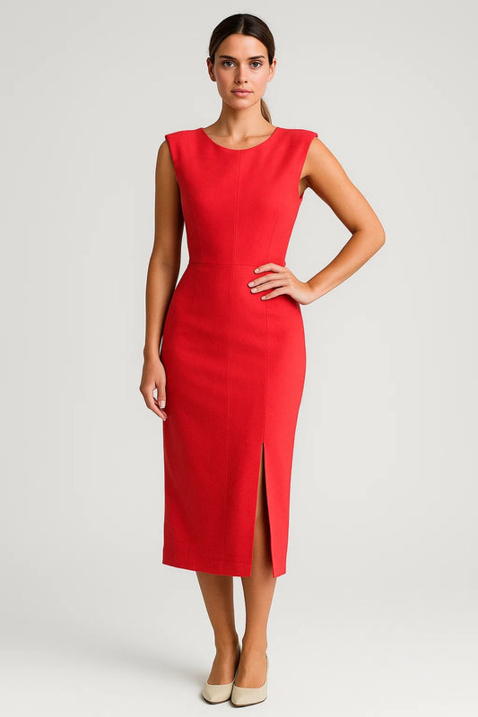Abito midi rosso con spacco frontale | Eleganza strutturata e moderna
