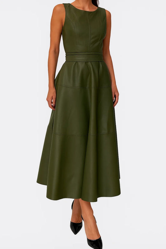 Abito midi senza maniche in similpelle | Verde oliva elegante