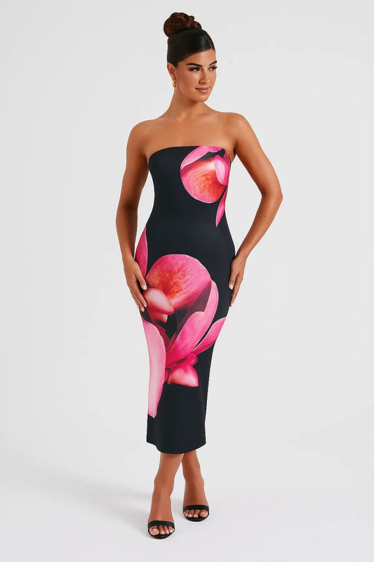 Abito midi senza spalline | Stampa floreale maxi | Eleganza audace