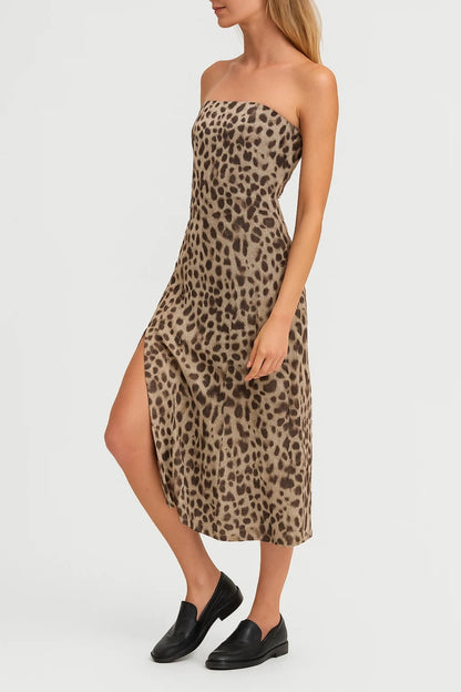 Abito midi senza spalline | Fantasia animalier | Vestibilità aderente