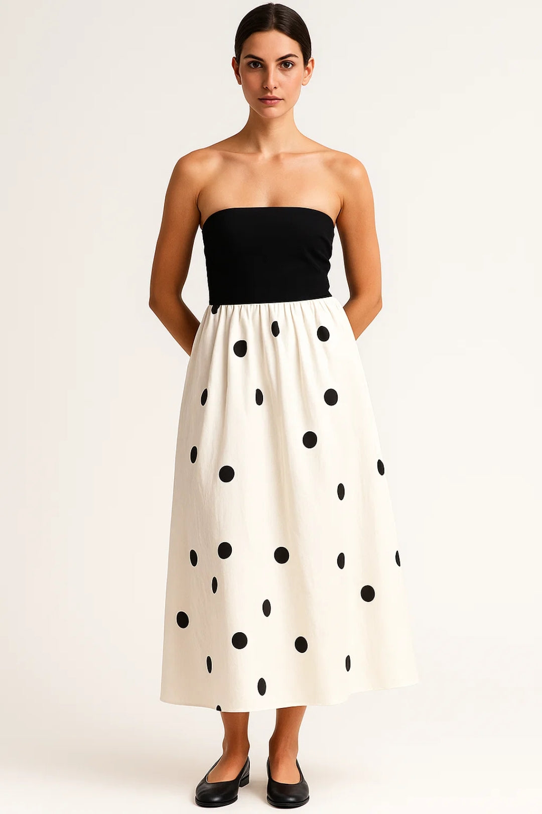 Abito midi senza spalline | Corpino nero e gonna a pois | Eleganza estiva