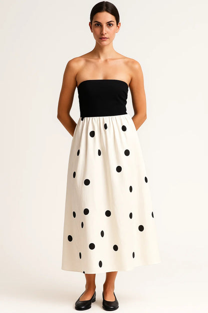 Abito midi senza spalline | Corpino nero e gonna a pois | Eleganza estiva