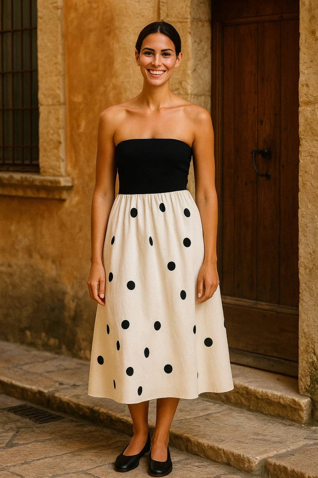 Abito midi senza spalline | Corpino nero e gonna a pois | Eleganza estiva