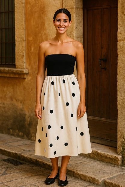 Abito midi senza spalline | Corpino nero e gonna a pois | Eleganza estiva