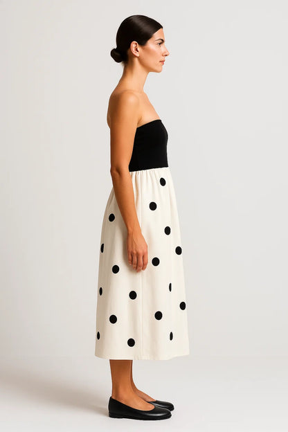 Abito midi senza spalline | Corpino nero e gonna a pois | Eleganza estiva