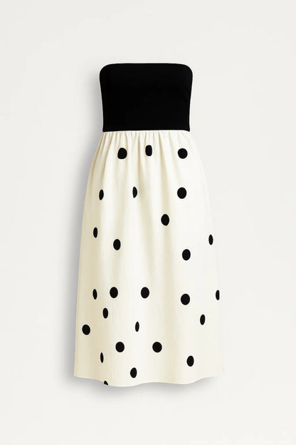 Abito midi senza spalline | Corpino nero e gonna a pois | Eleganza estiva