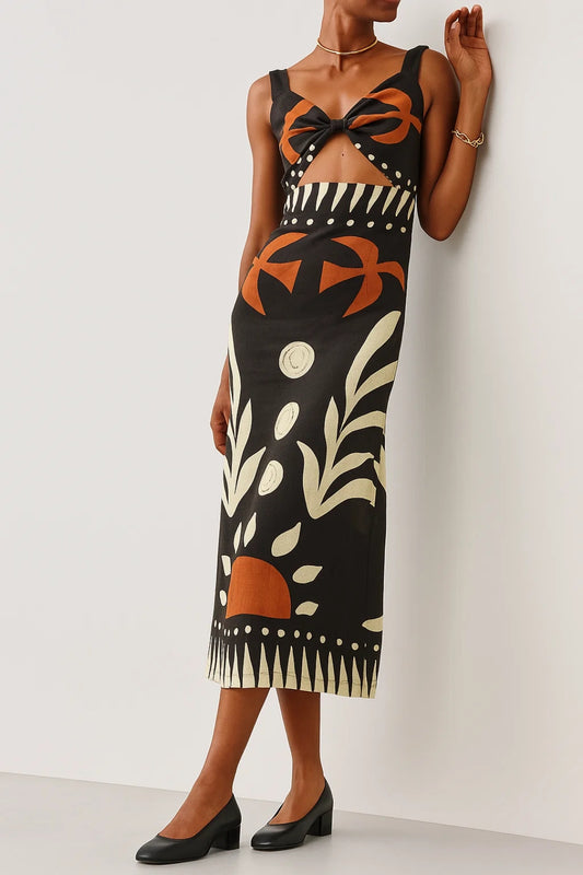 Abito midi stampato con cut-out frontale e spalline larghe
