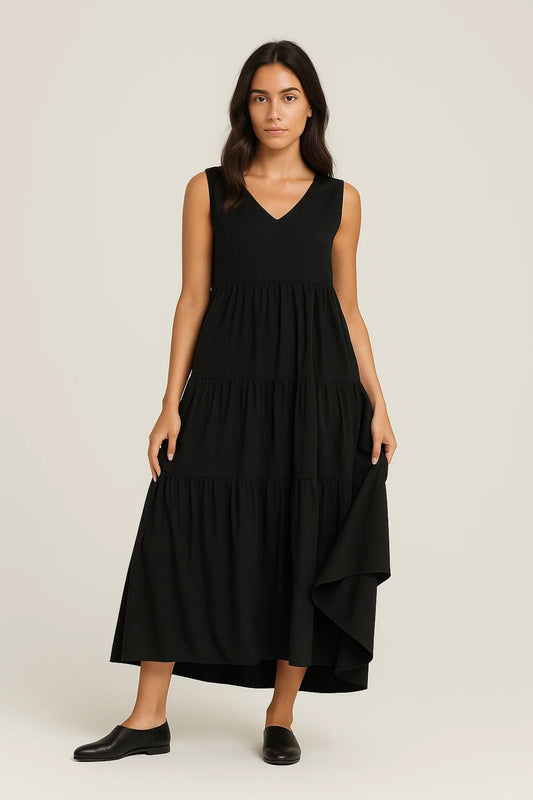 Abito midi svasato senza maniche | Scollo a V | Cotone leggero