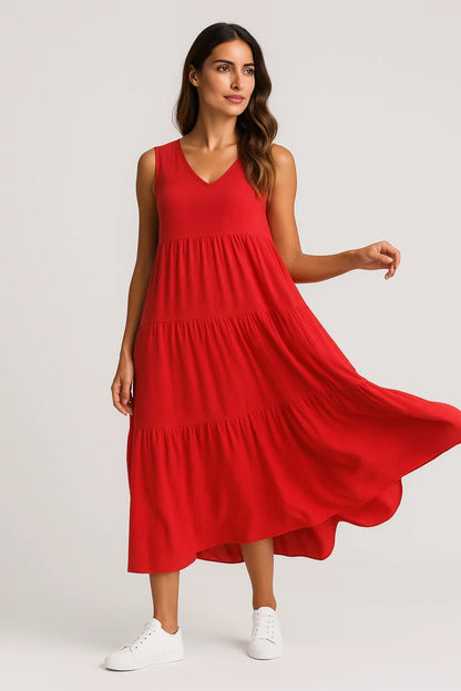 Abito midi svasato senza maniche | Scollo a V | Cotone leggero
