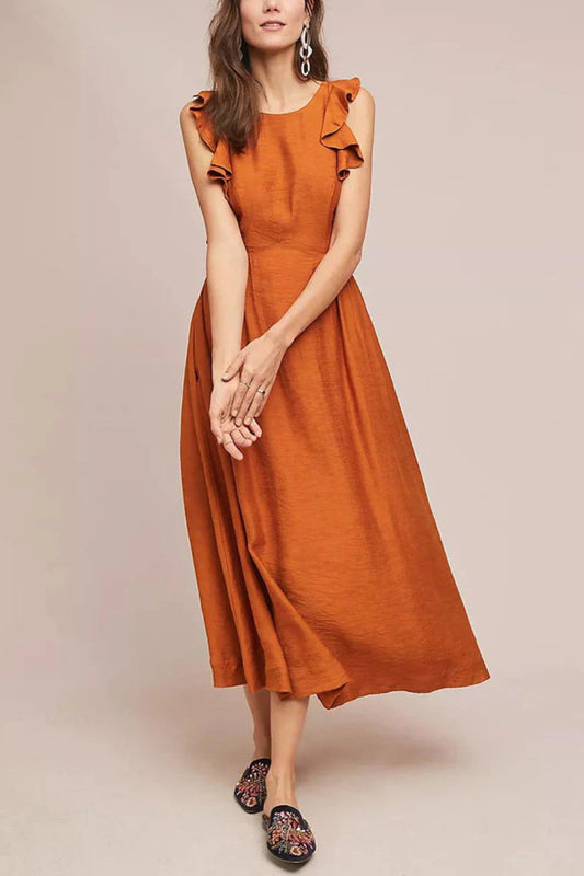 Abito midi terracotta con volant | Schiena scoperta | Spalline sottili