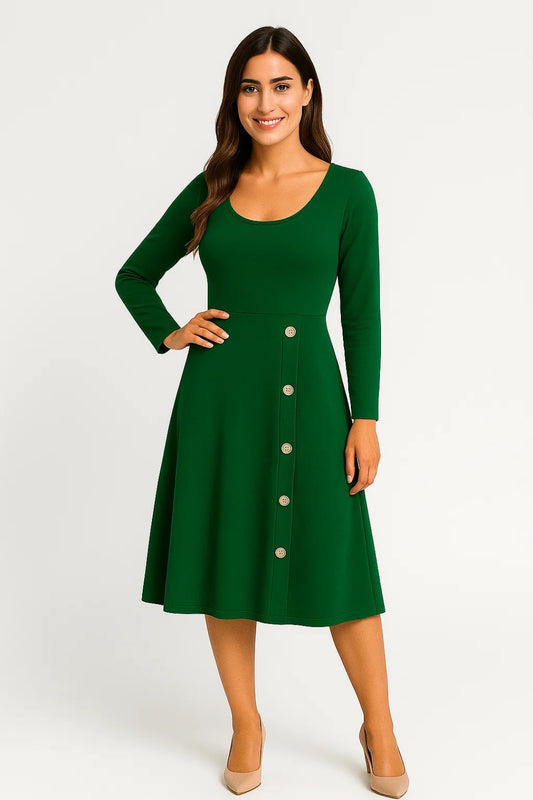Abito midi verde con bottoni decorativi | Maniche lunghe | Scollo rotondo