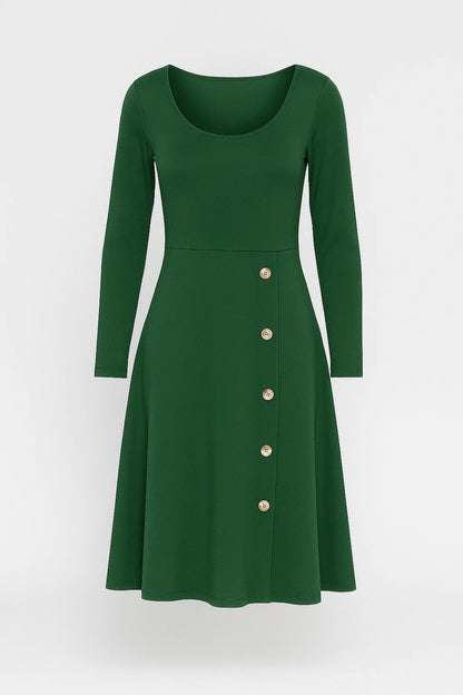 Abito midi verde con bottoni decorativi | Maniche lunghe | Scollo rotondo