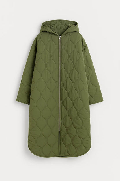 Cappotto imbottito lungo con cappuccio e trapuntatura ondulata