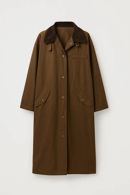Cappotto lungo con colletto a contrasto e bottoni automatici