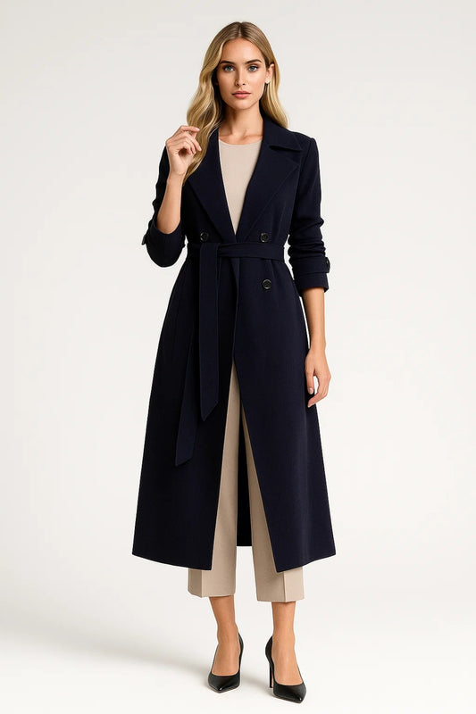 Cappotto lungo doppiopetto con cintura regolabile