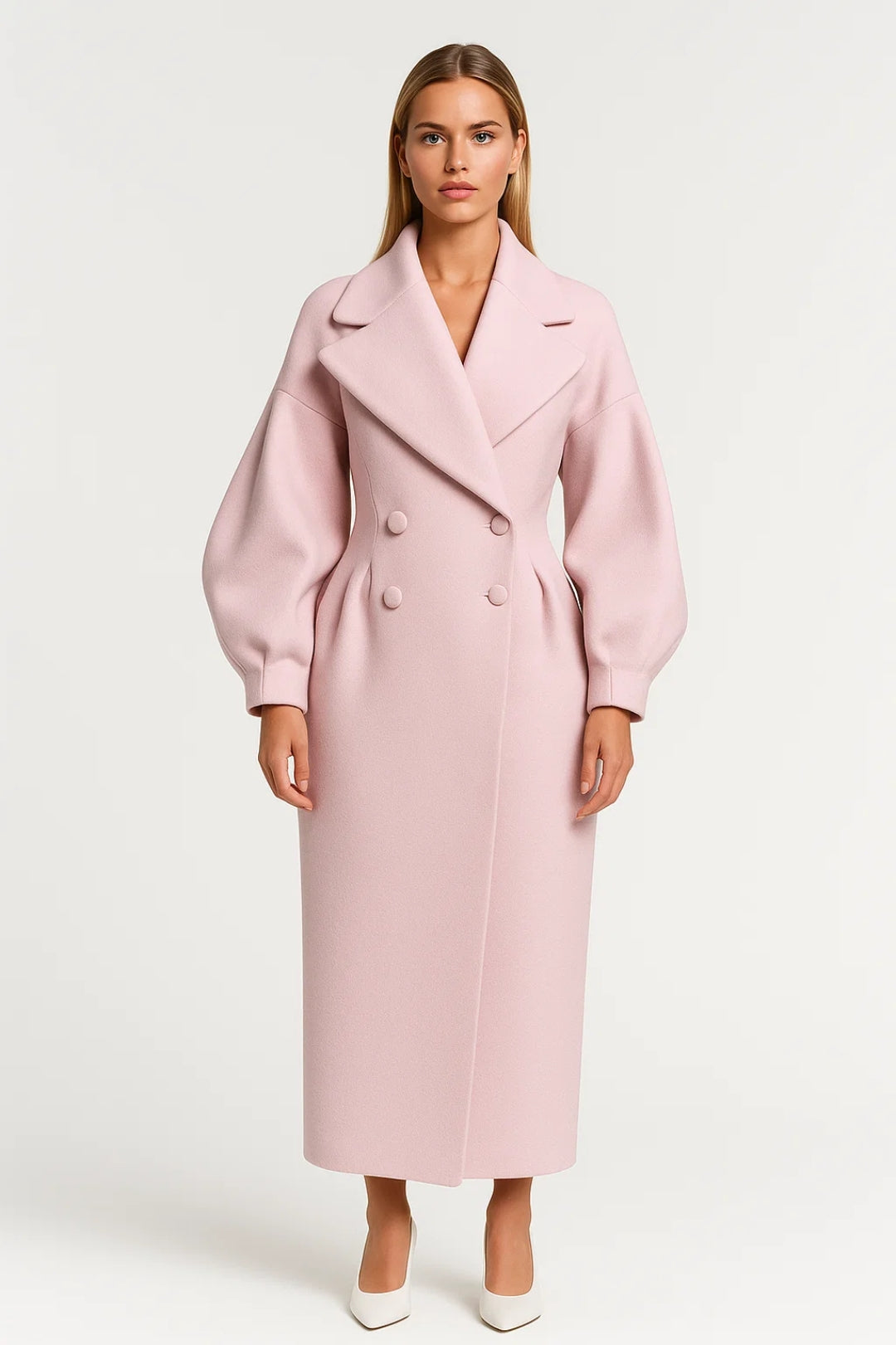 Cappotto lungo doppiopetto con maniche a palloncino