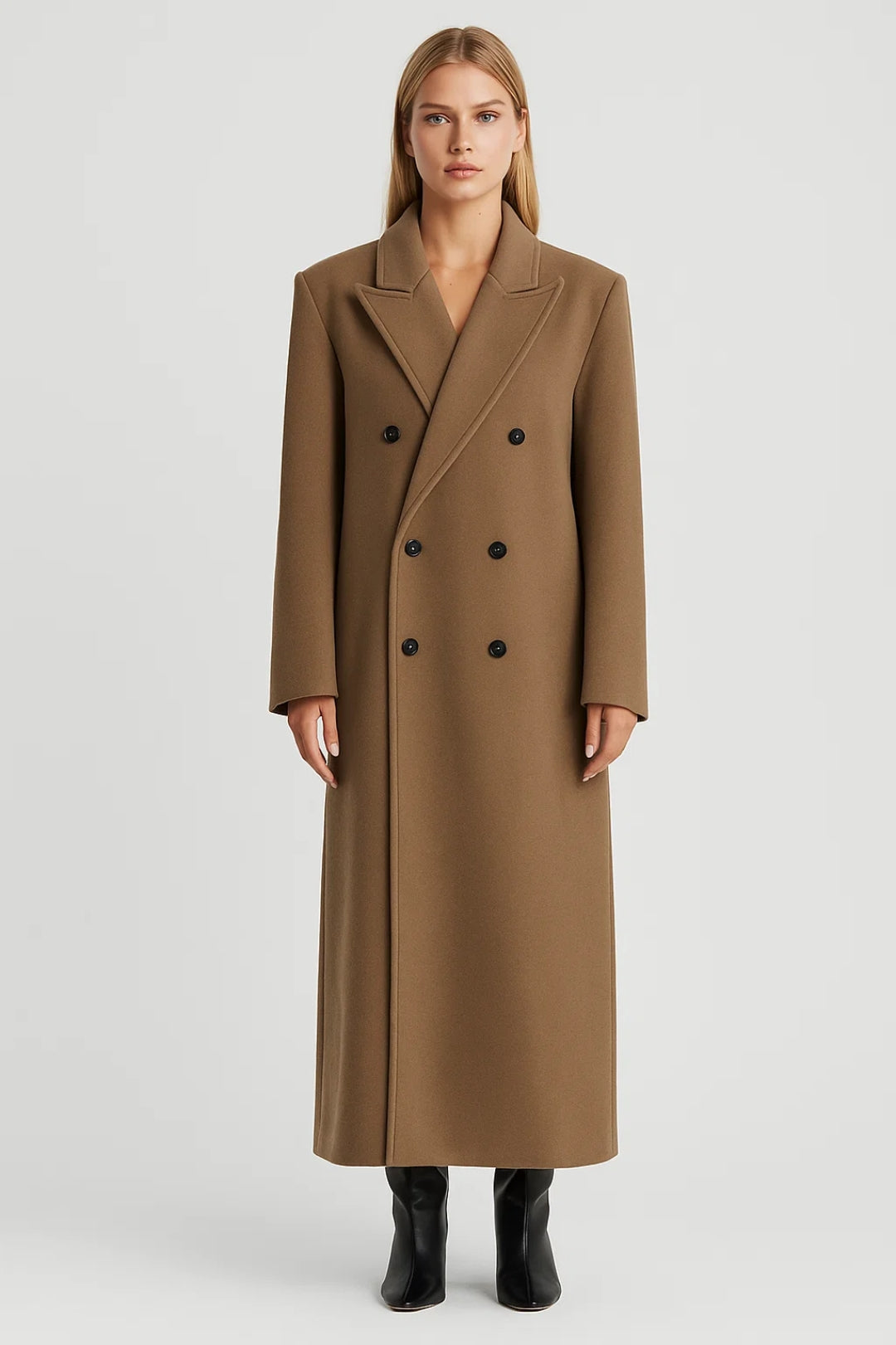Cappotto lungo doppiopetto con spalle strutturate
