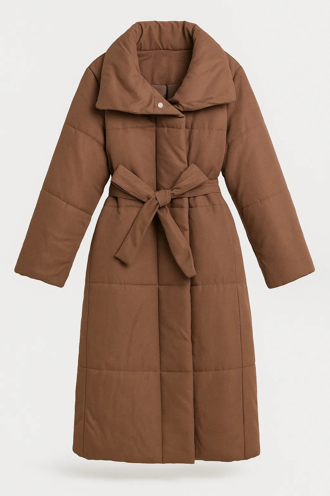 Cappotto trapuntato lungo con cintura e collo ampio
